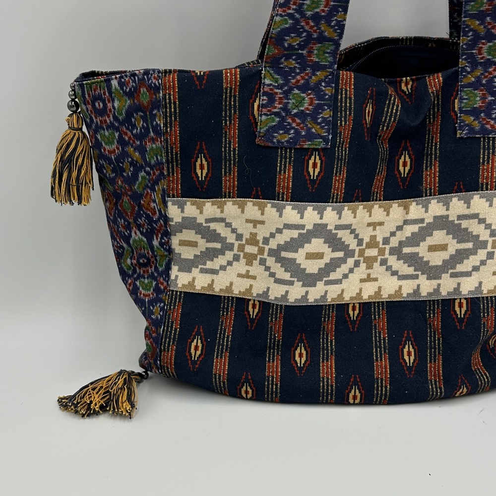 Free People Basel Tassel Tote Bag Boho Chic Tote Bag Navy Blue Canvas Hippie - Picture 9 of 14